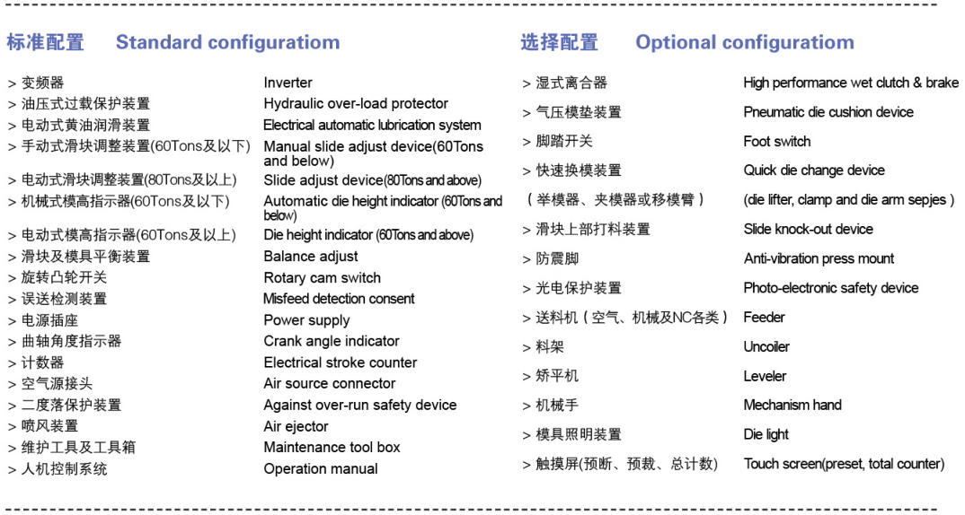 气动冲床标准配置表